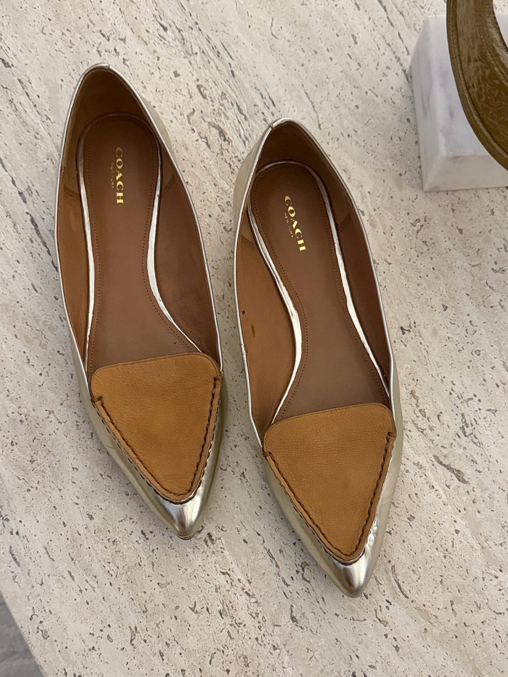 Coach Gold Metallic and Tan leather Pointed Flats Vamps Size 11